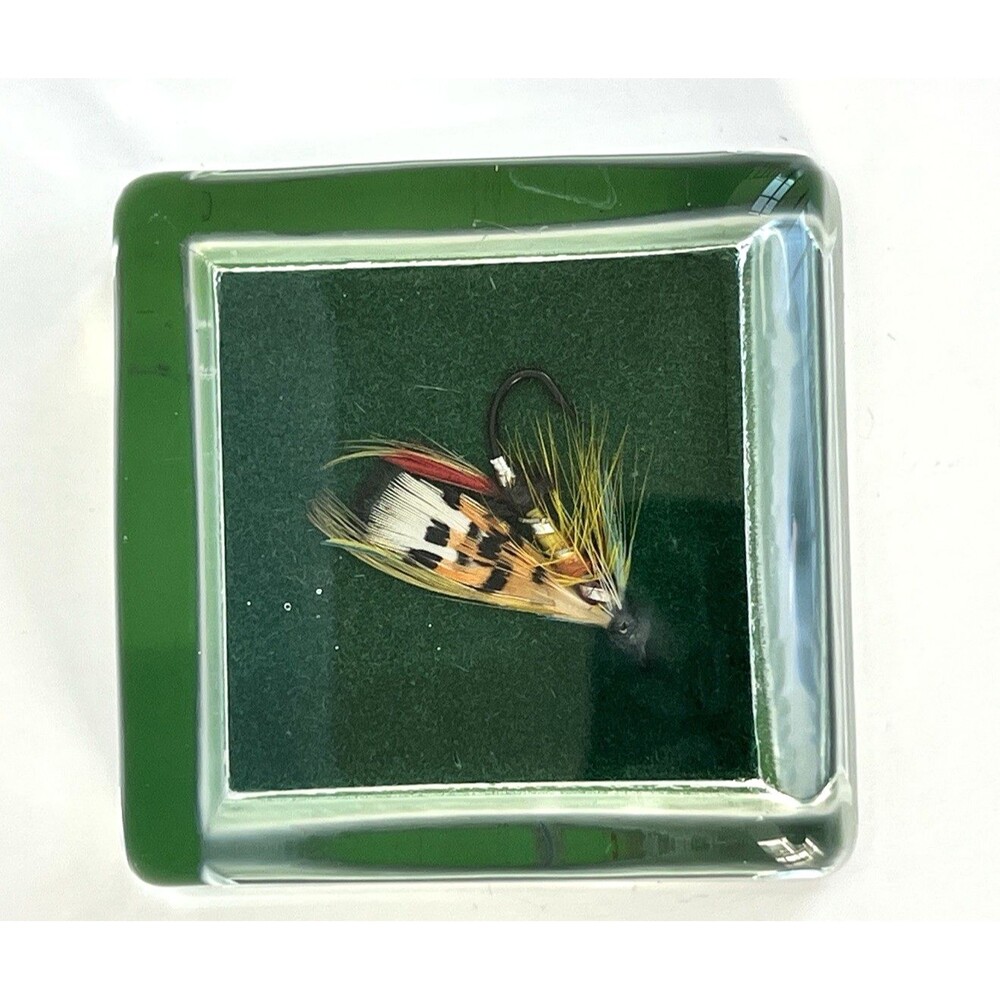 Vintage Fly Fishing Lure Paperweight Glass 2” Green Felt Fishing Hook